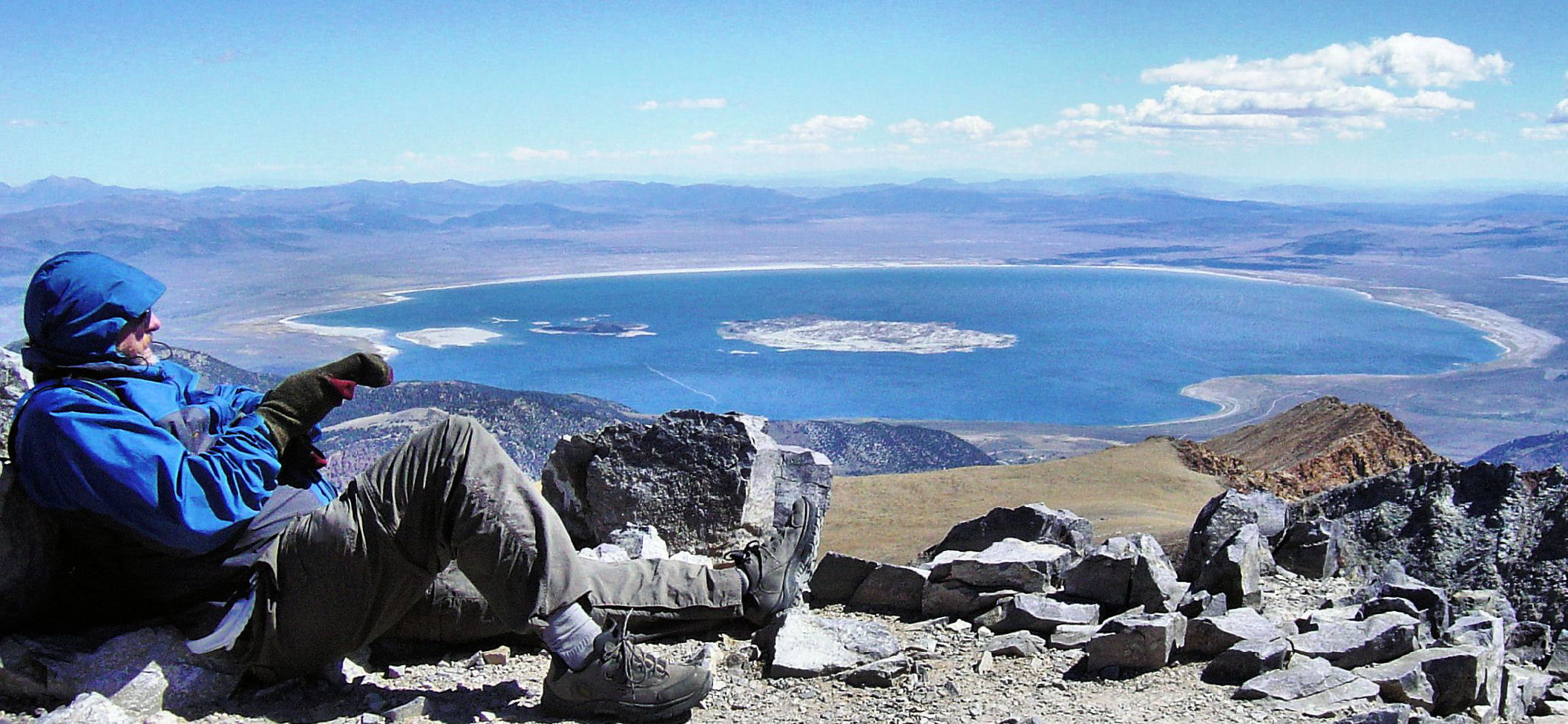 Me resting on the Summit of Mt Dana at 13,000ft. The background is Mono Lake.