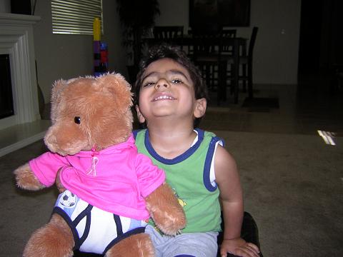 Kevin is very happy that his Teddy Bear wearing a his underwear.
