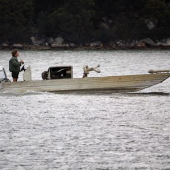 <b>1928 oyster spraying barge - at low tide (especially when it's hot) the oyster racks on the leases are sprayed with water pumped from the river, Hawkesbury River Oct'10, Kate/Sydney</b>
