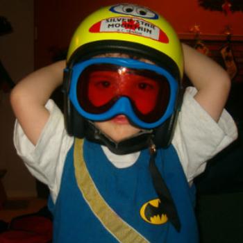 <b>Ethan (age 2.5) tries on his new downhill ski helmet & goggles.</b> <b>Ethan (age 2.5) tries on his new downhill ski helmet & goggles.</b>
