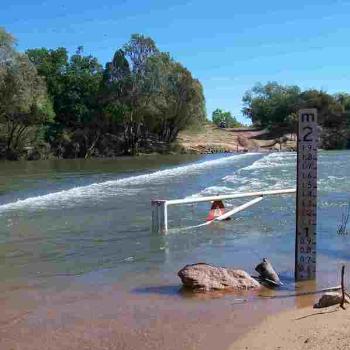 <b>Waiting, waiting - either for the river to go down or courage levels to go up.</b> <b>Waiting, waiting - either for the river to go down or courage levels to go up.</b>