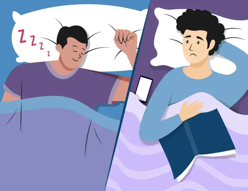 An illustration of a person sleeping and another person lying in bed awake