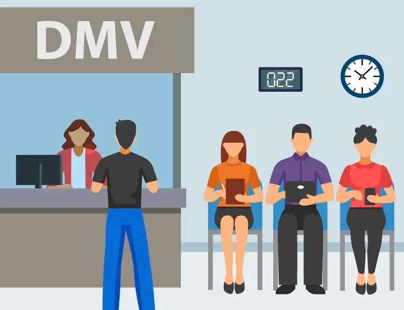 An illustration of people waiting in line at the DMV