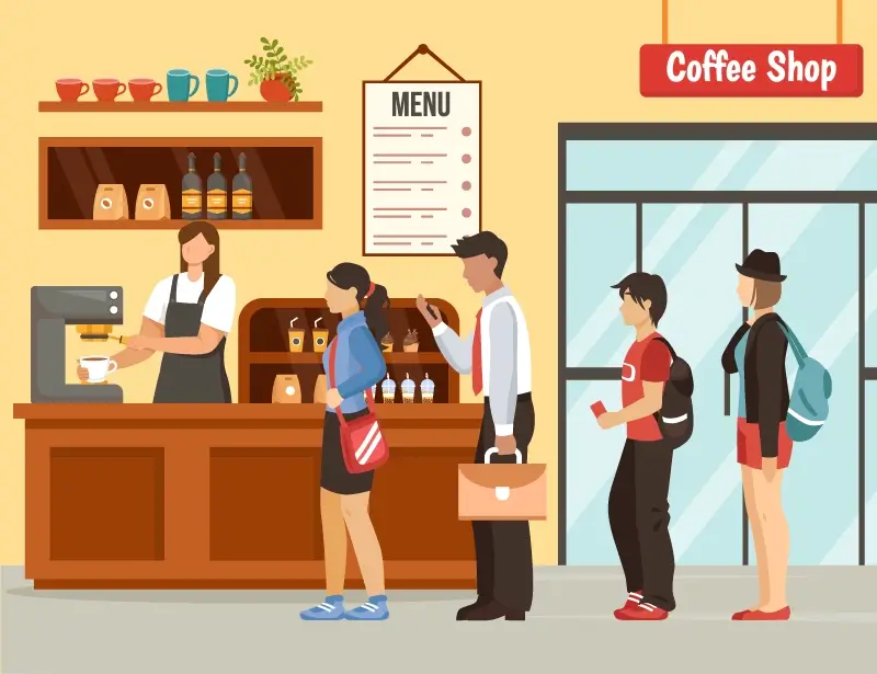 An illustration of people waiting in line at a coffee shop