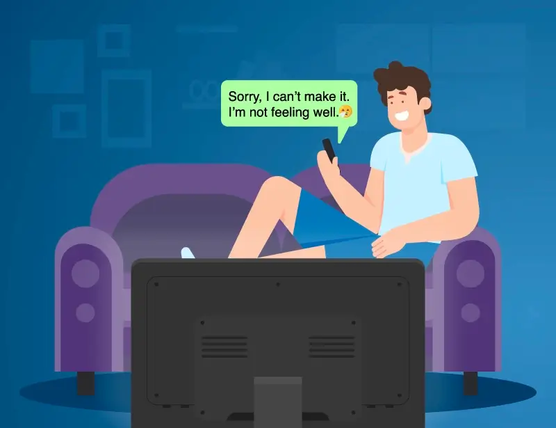 An illustration of a person sitting on a couch sending a text about canceling plans because they are sick