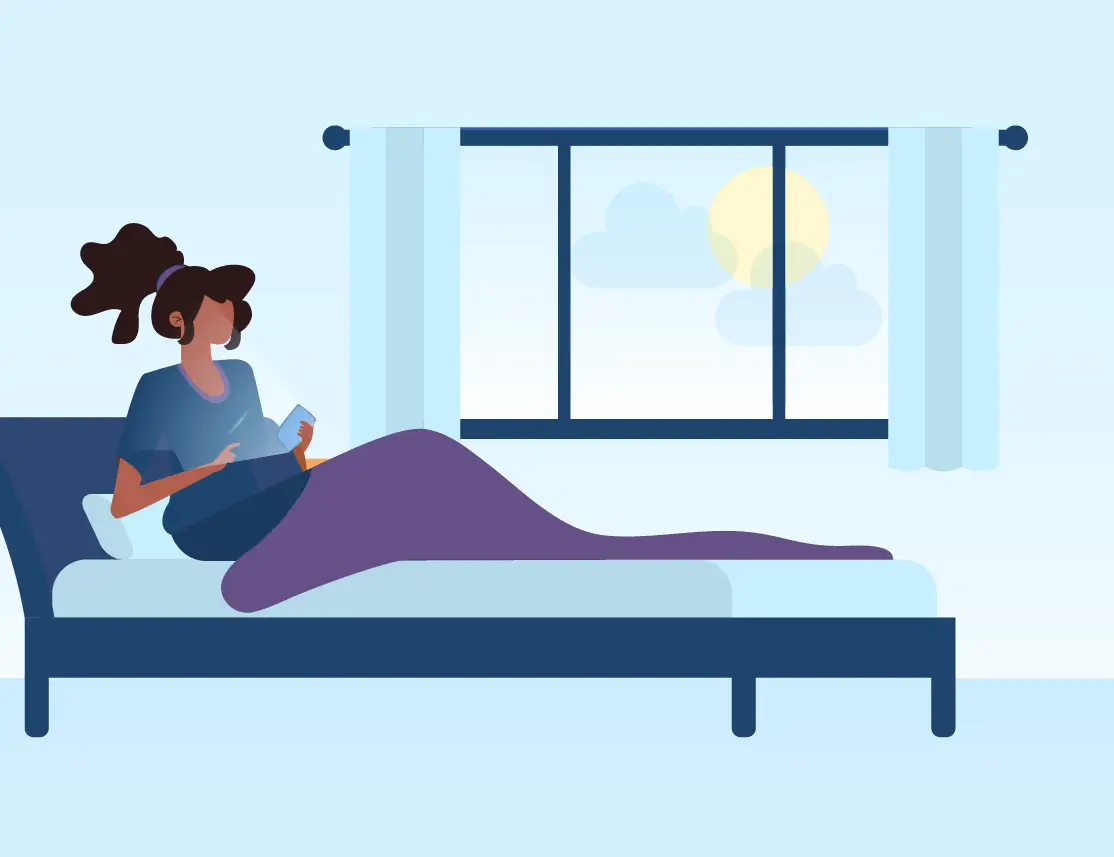 An illustration of a woman lying in bed using her phone