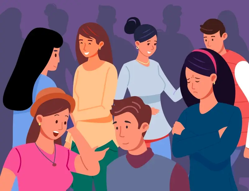 An illustration of someone looking uncomfortable in a crowd of people