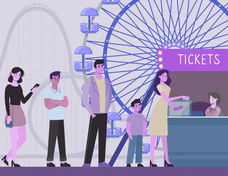 An illustration of people waiting in line at a theme park