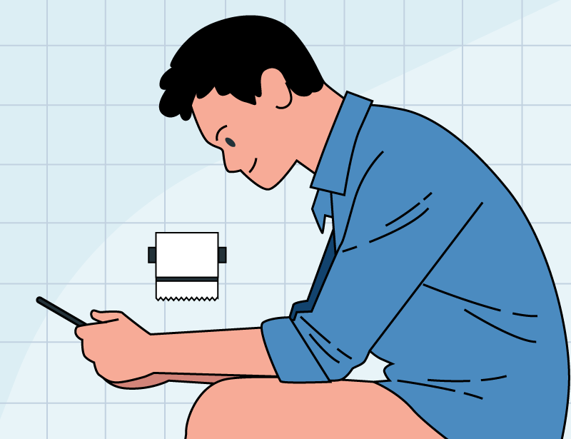 An illustration of a person using their phone while sitting on the toilet