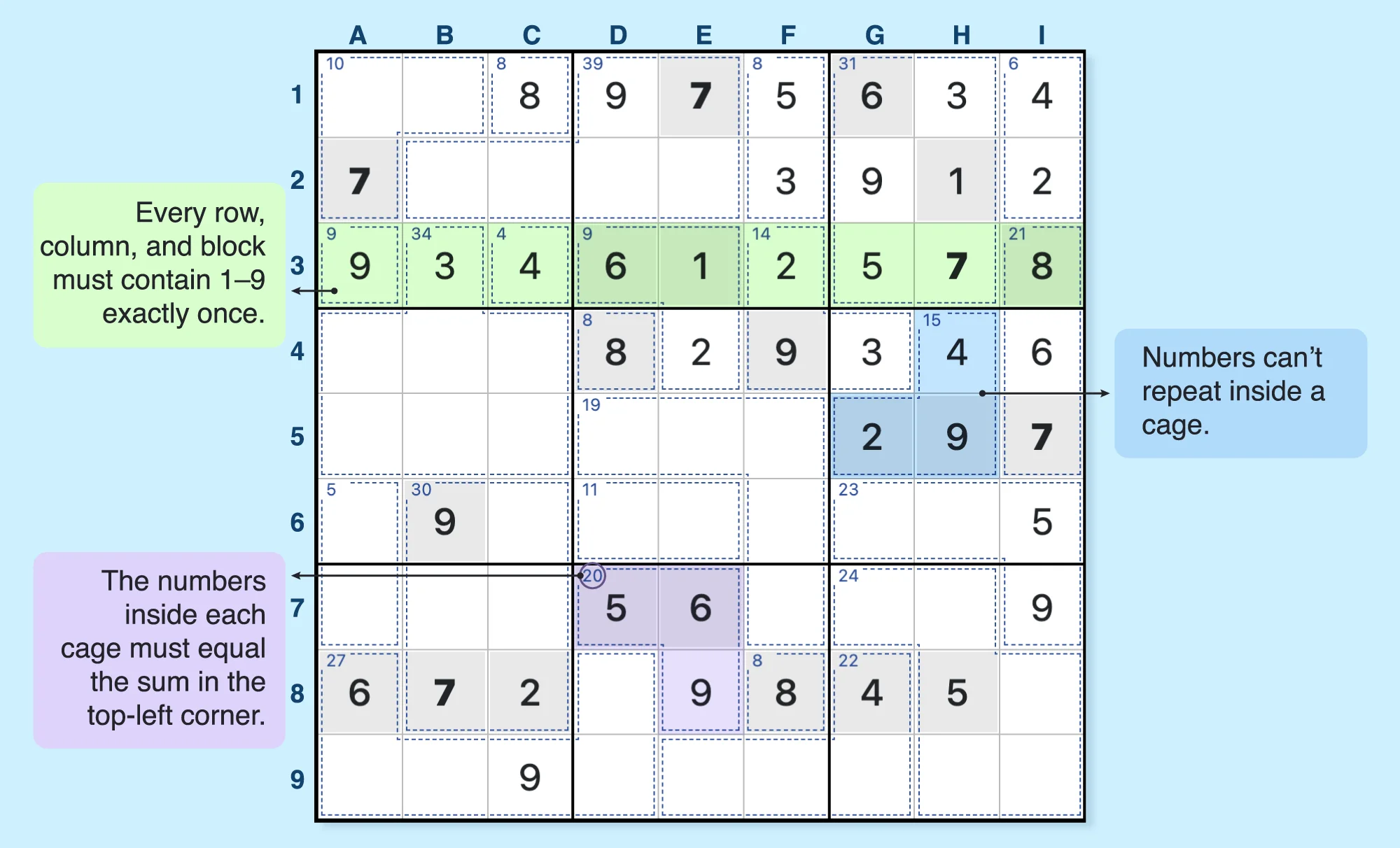 Expert killer sudoku grid showing the rules