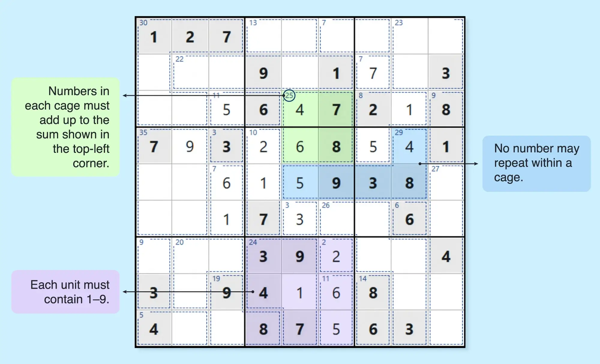 Hard killer sudoku grid showing the rules