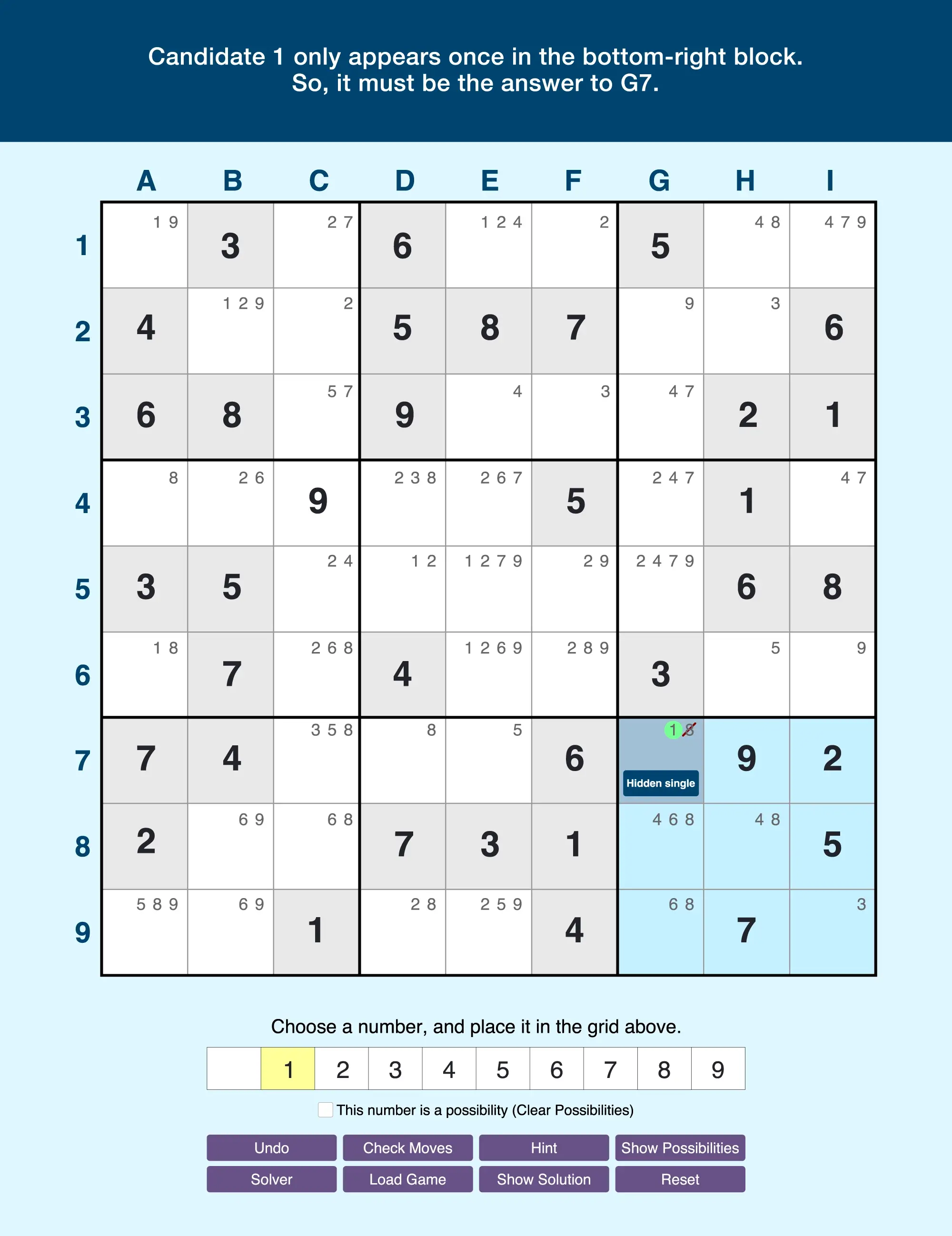 Example of hidden singles in a block