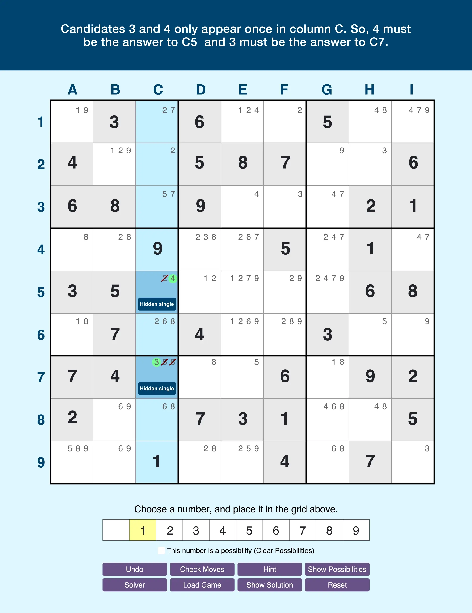 Example of hidden singles in a column