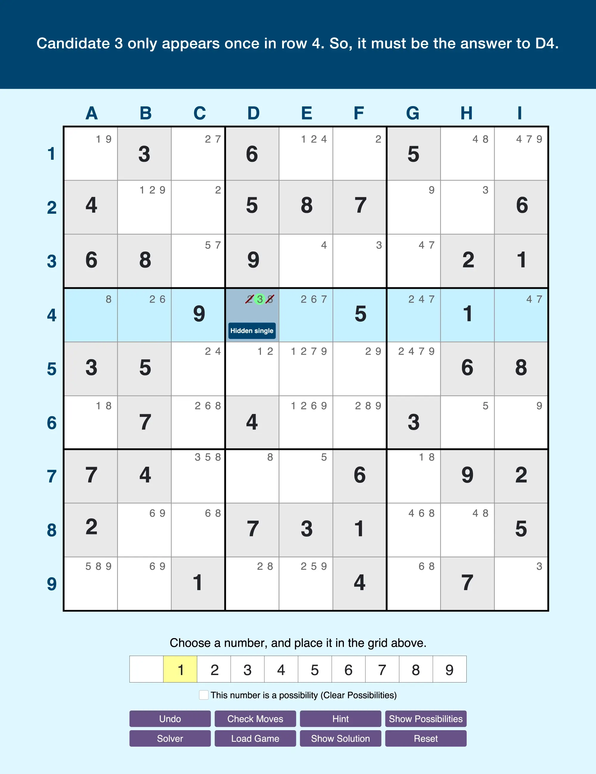 Example of hidden singles in a row