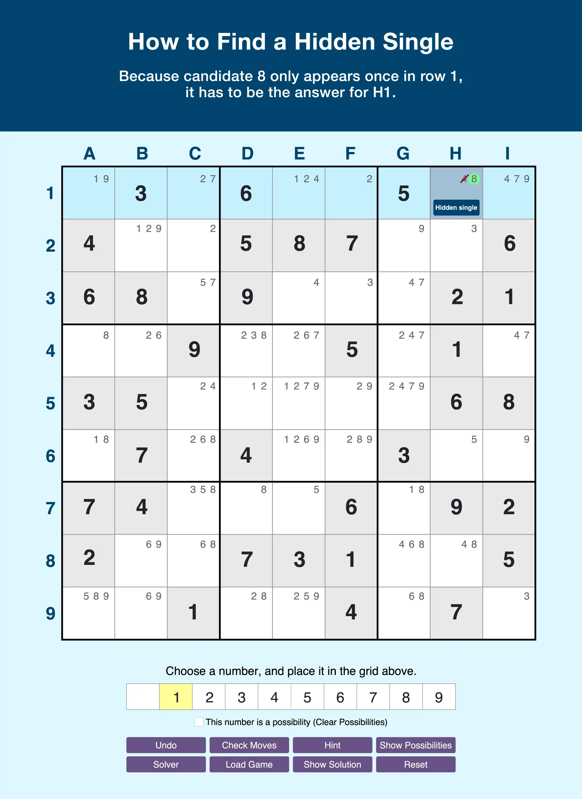 Example of finding hidden singles in a Sudoku puzzle