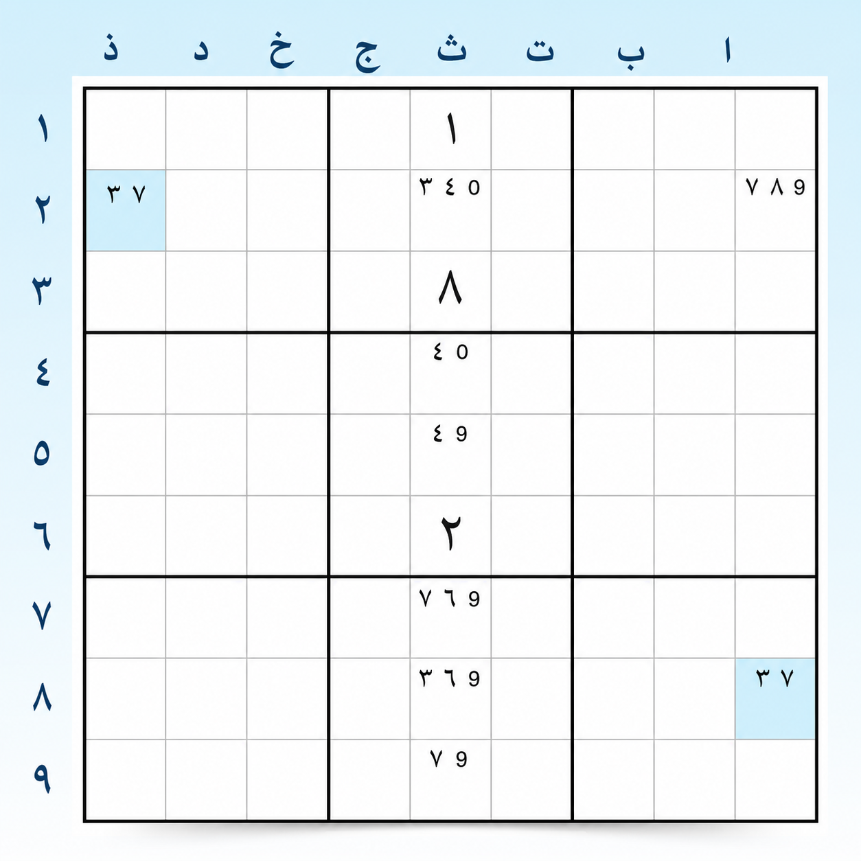 مثال 1 على جناح W في Sudoku، الخطوة 1