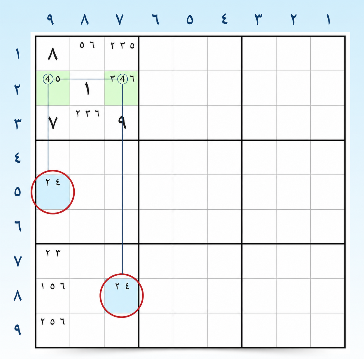 مثال 2 على جناح W في Sudoku، الخطوة 2