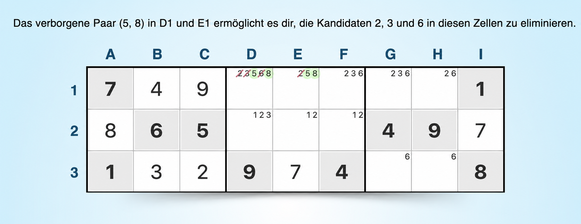 Beispiel für eine Sudoku-Strategie mit verstecktem Paar