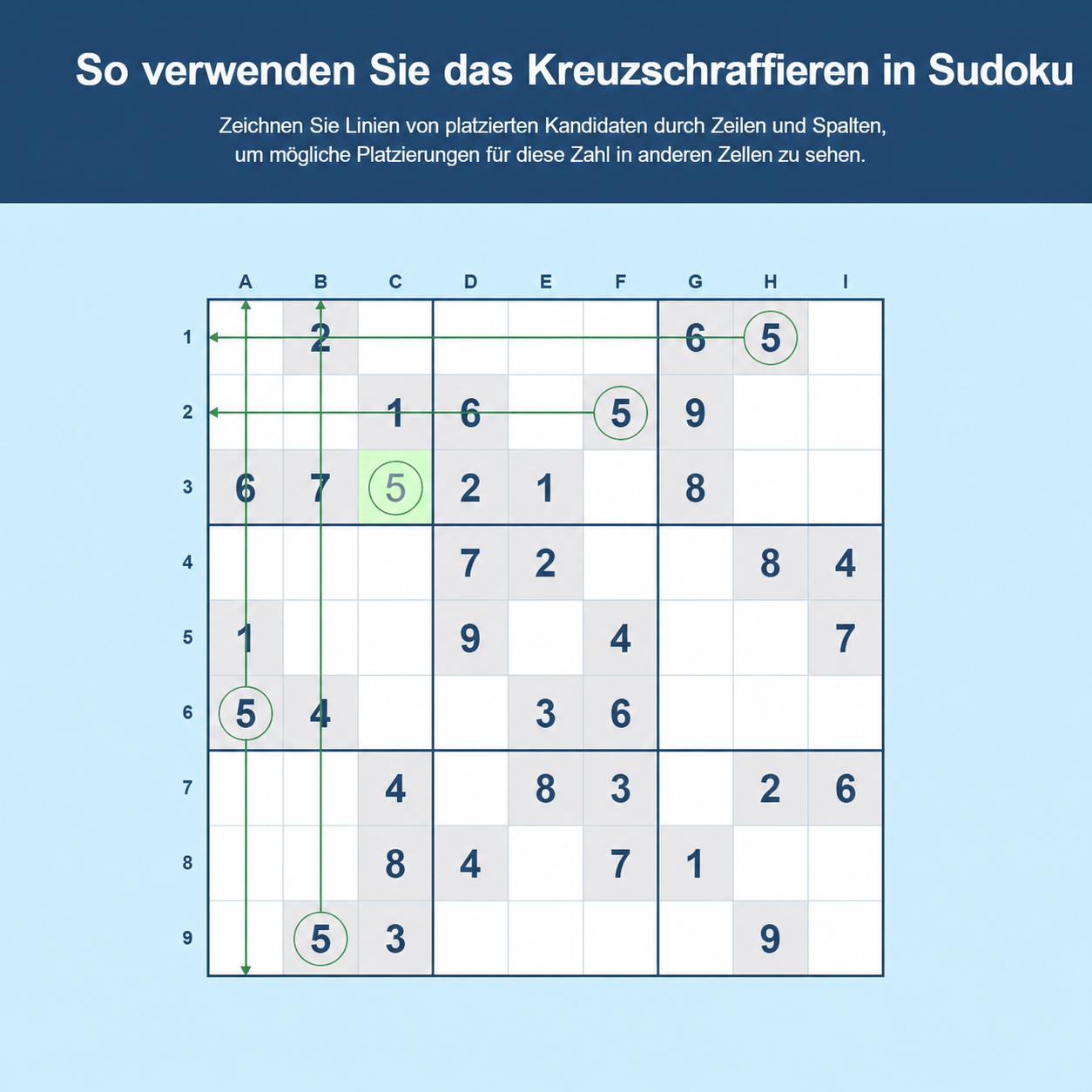 Beispiel dafür, wie man Kreuzschraffur in Sudoku verwendet