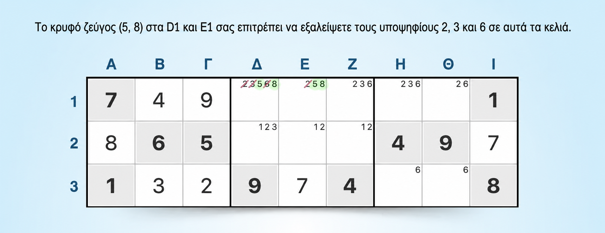 παράδειγμα στρατηγικής Sudoku κρυφού ζεύγους