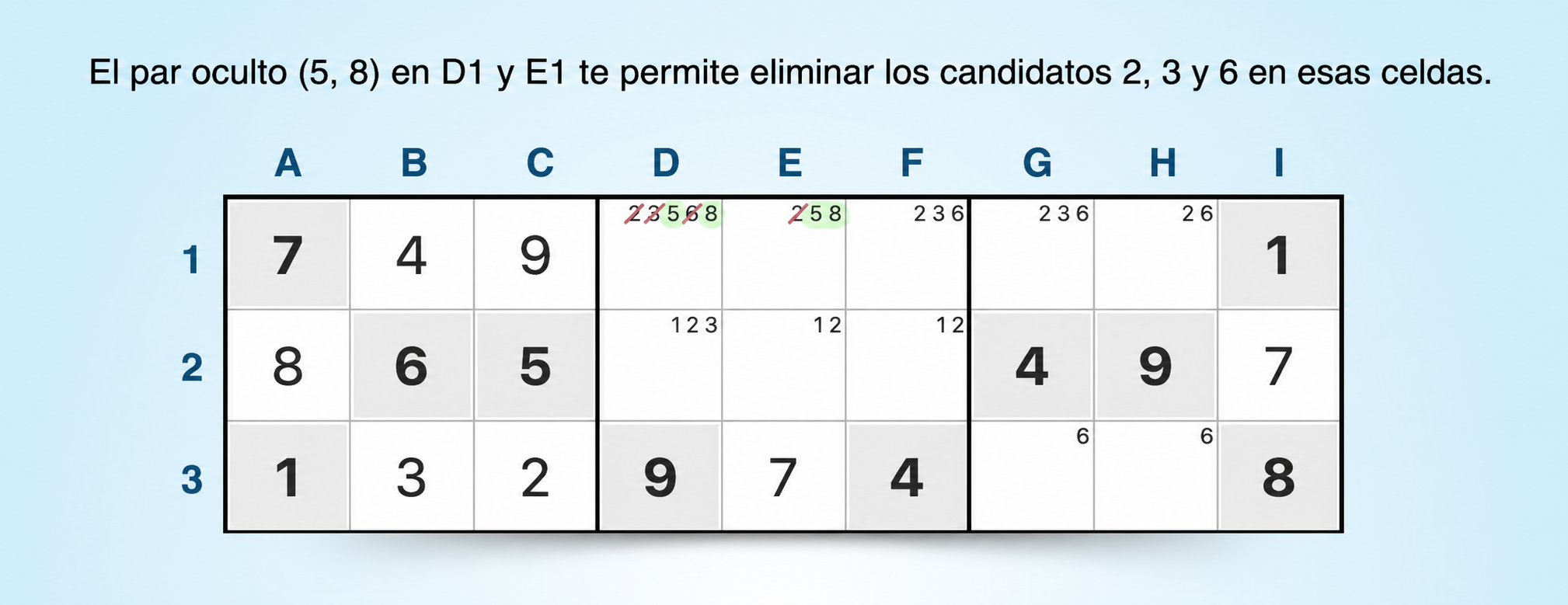 ejemplo de estrategia de par oculto en sudoku