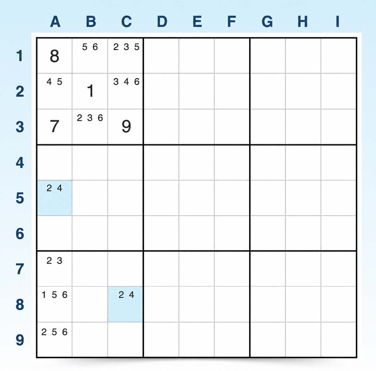 Ejemplo 2 de W-Wing en Sudoku, paso 1