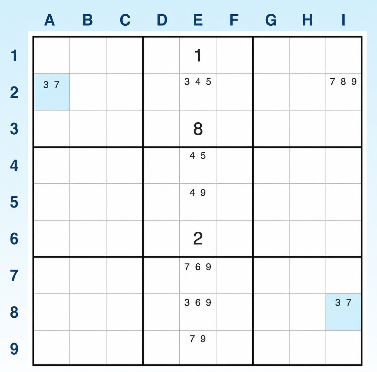 Exemple de W-Wing en Sudoku 1 étape 1