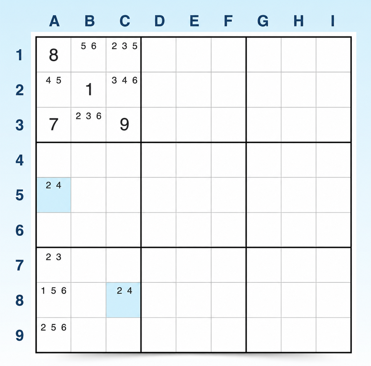 Esempio 2 di W-Wing nel Sudoku, passaggio 1