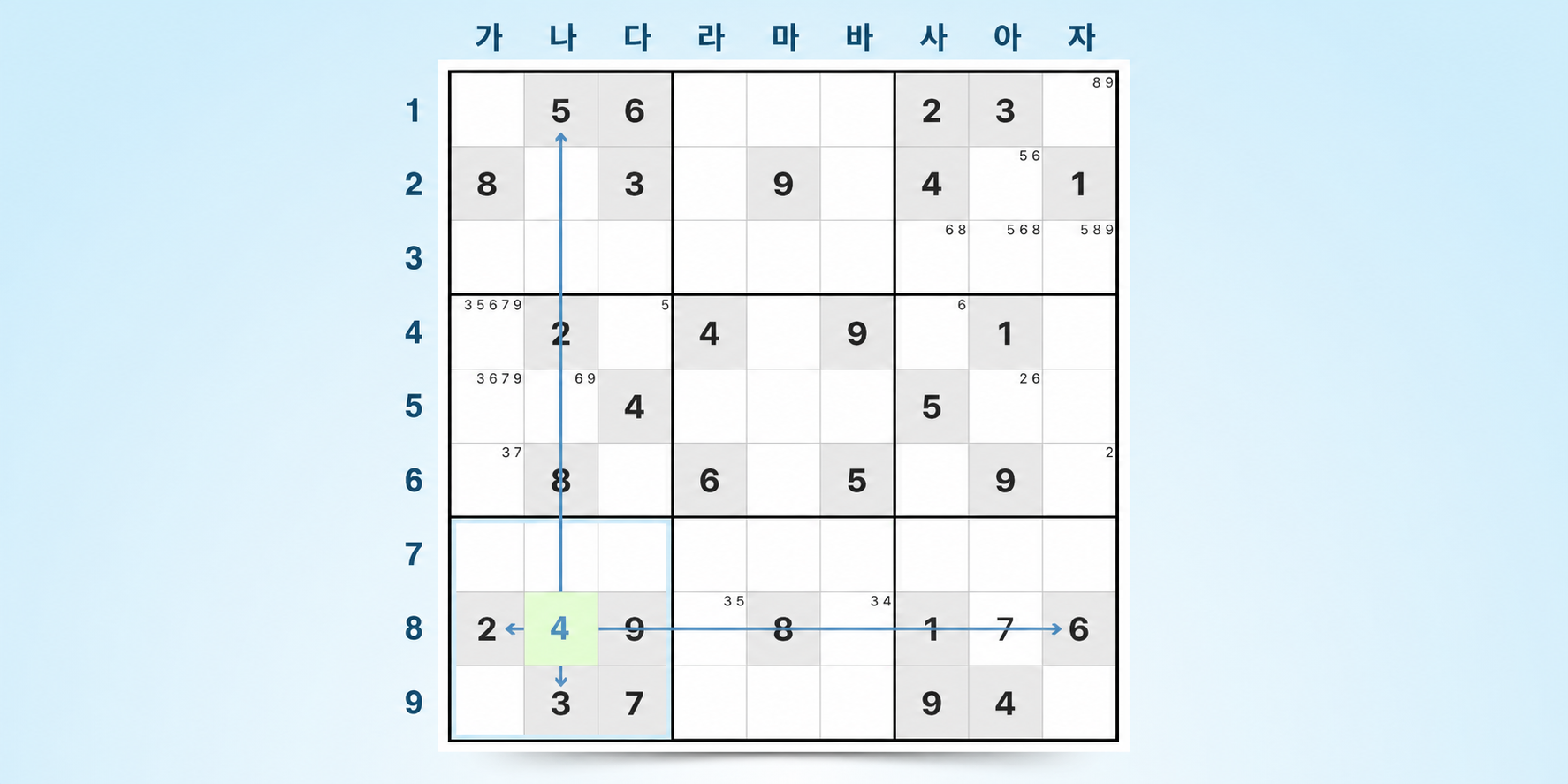마지막 가능한 숫자 Sudoku 전략 예시