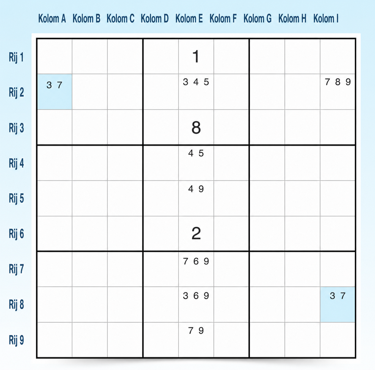 Sudoku W-Wing voorbeeld 1 stap 1