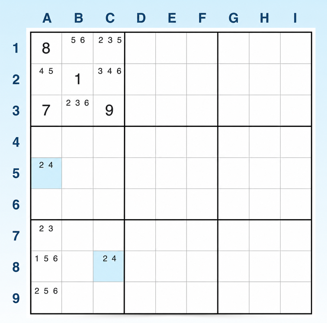 Sudoku W-Wing voorbeeld 2 stap 1