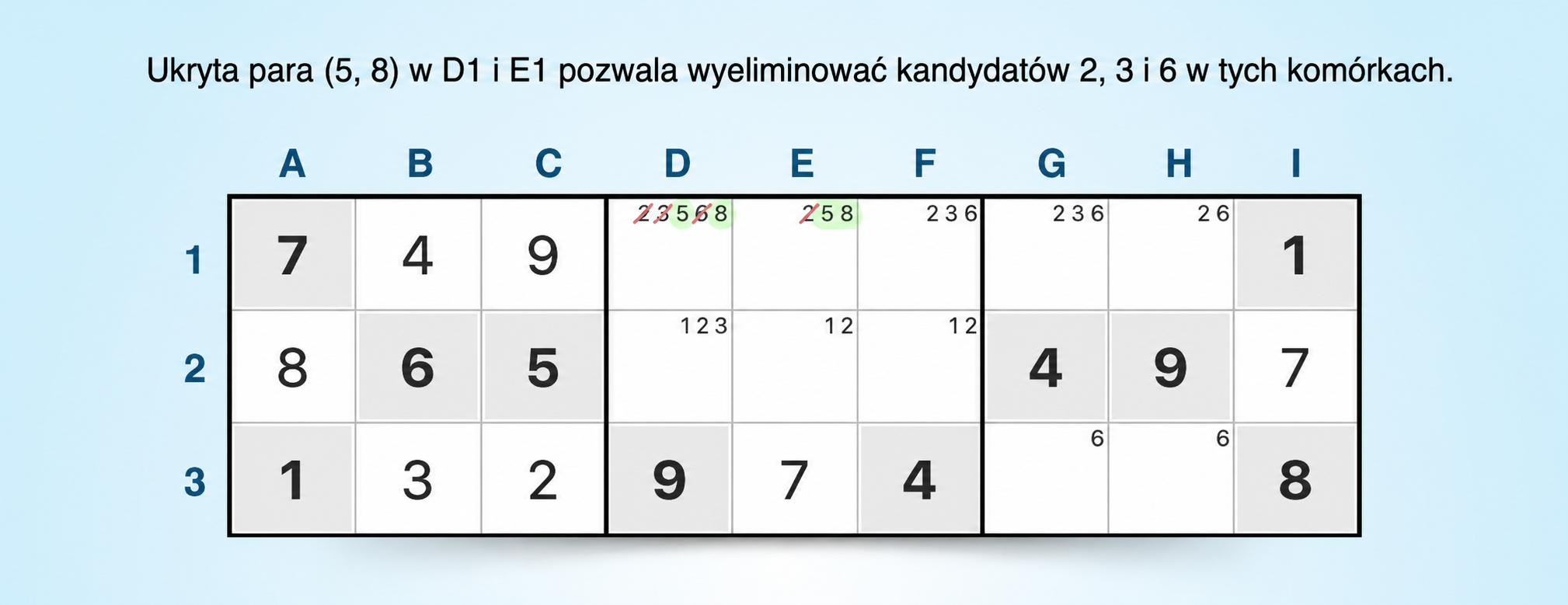 przykład strategii ukrytej pary w sudoku