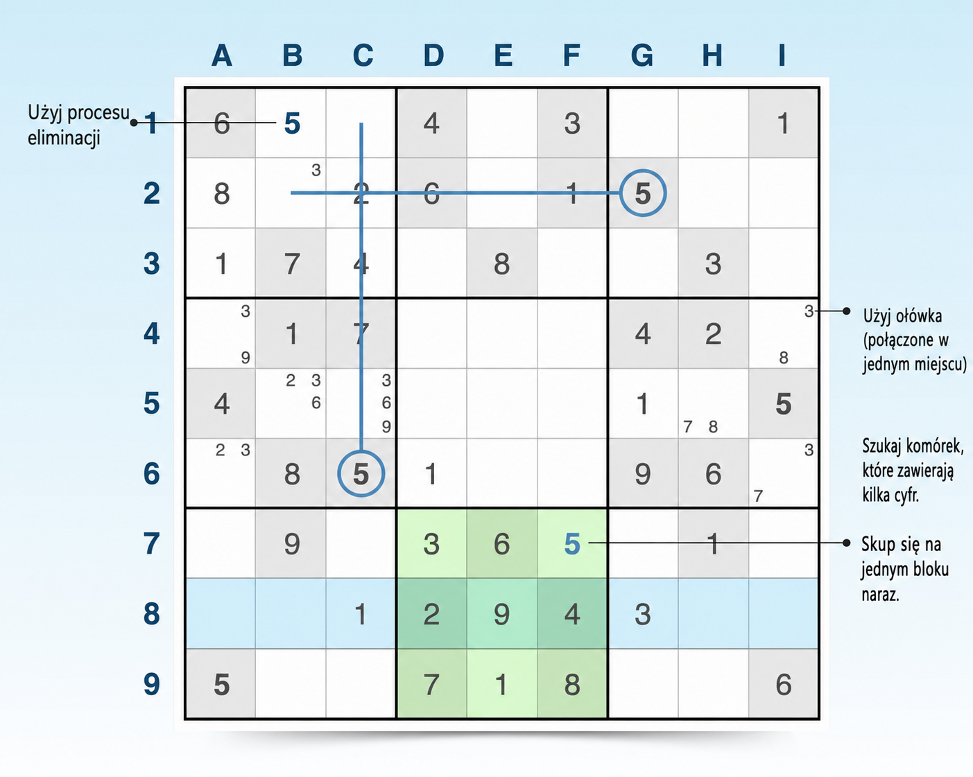 siatka Sudoku pokazująca wskazówki i przykłady