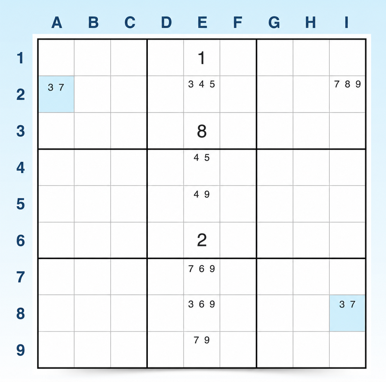 Exemplo 1 de W-Wing em Sudoku, passo 1