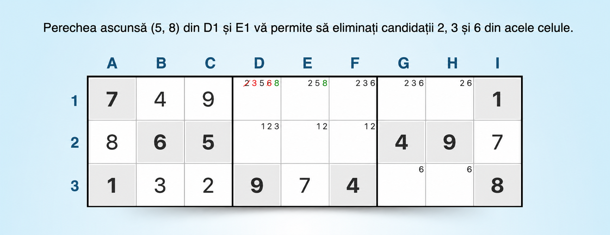 exemplu de strategie Sudoku cu pereche ascunsă