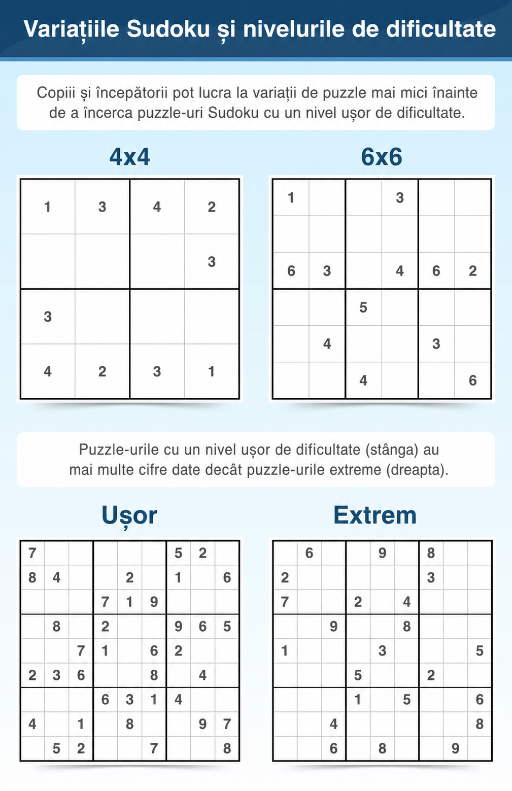 Terminologie Sudoku pentru variații și niveluri de dificultate