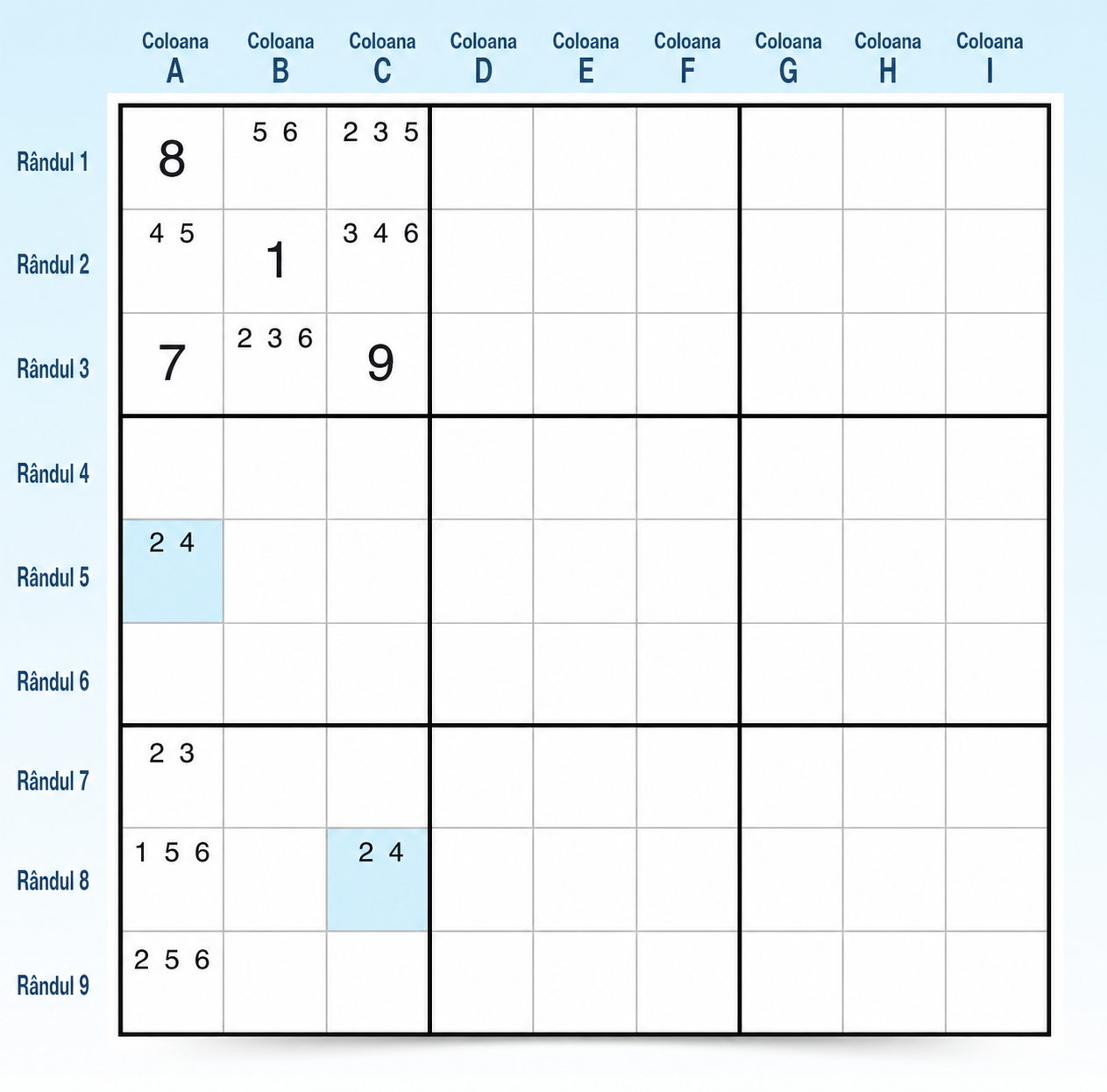 Exemplu de W-Wing Sudoku 2 pasul 1