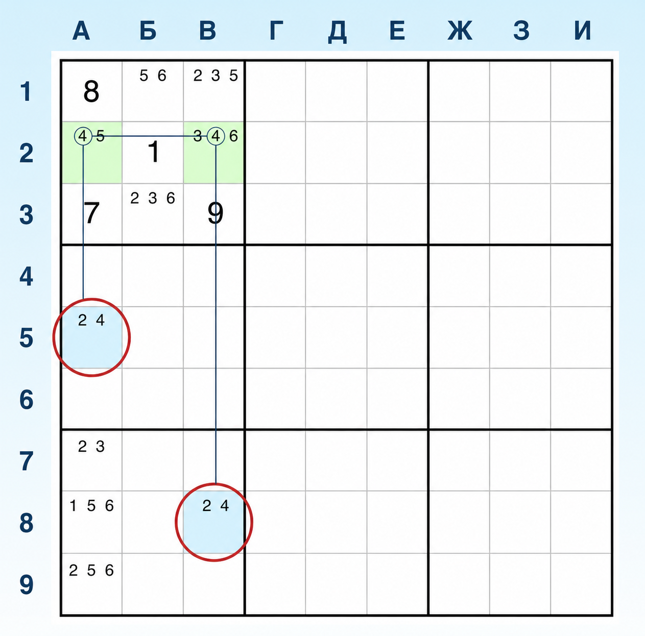 Пример W-wing в Sudoku 2, шаг 2