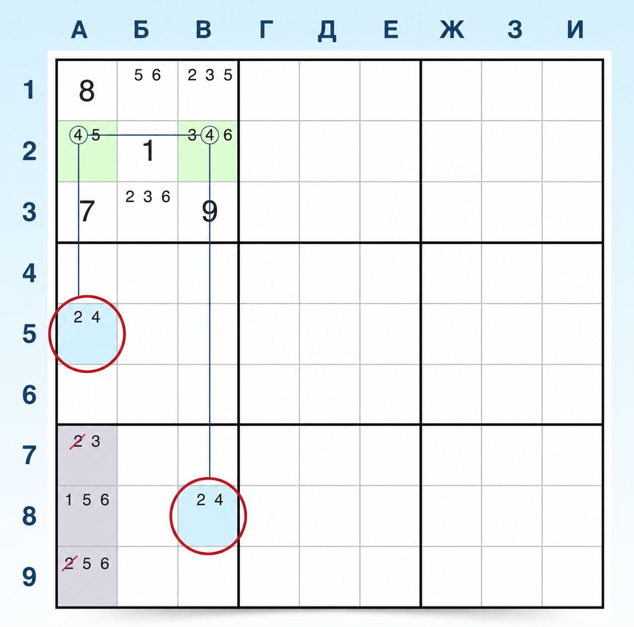 Пример W-wing в Sudoku 3, шаг 2