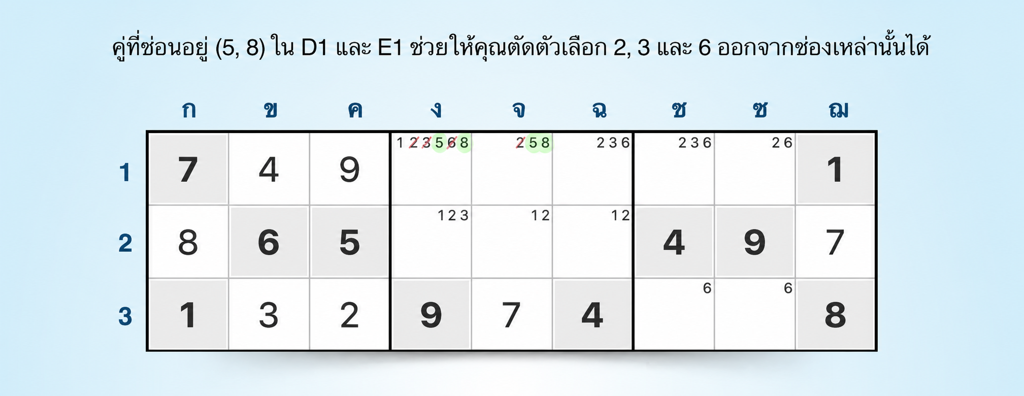 ตัวอย่างกลยุทธ์ sudoku แบบคู่ซ่อน