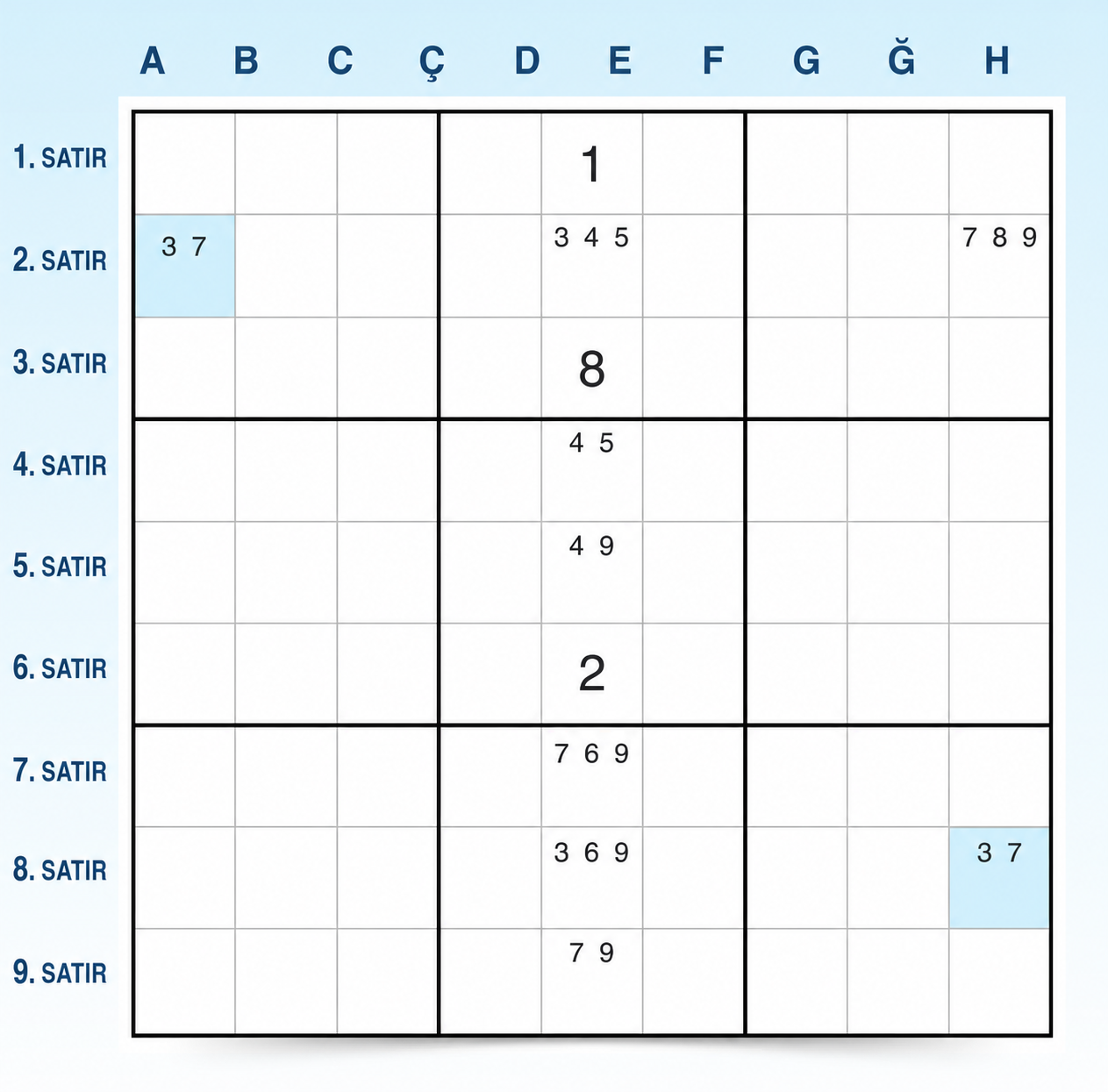 Sudoku W-Wing örneği 1 adım 1