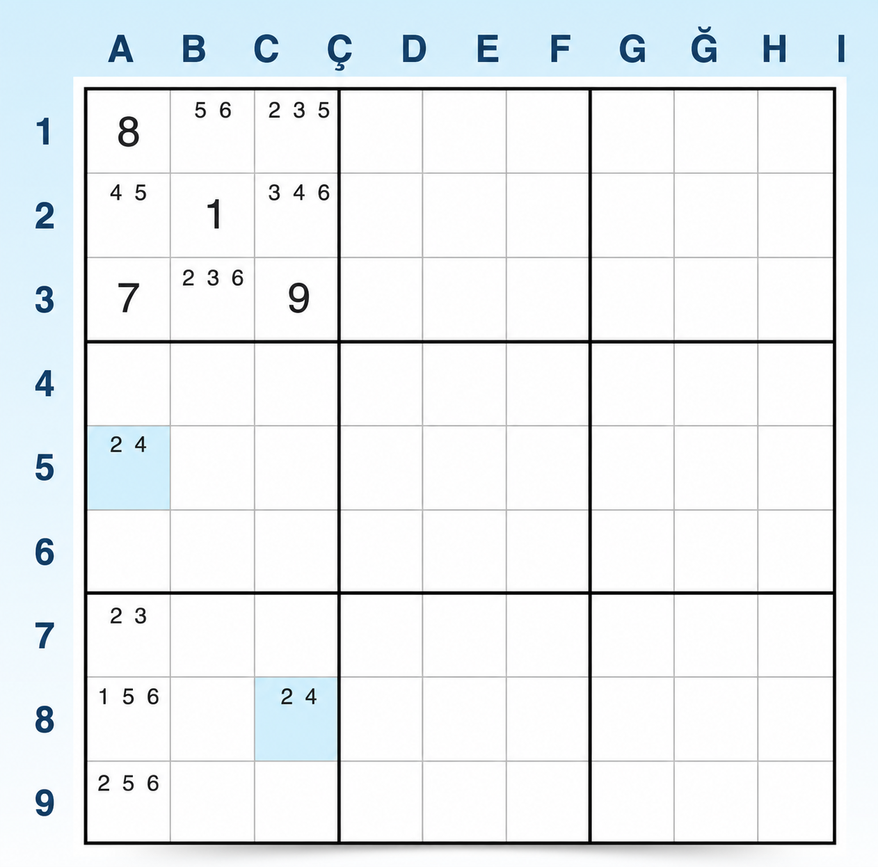 Sudoku W-Wing örneği 2 adım 1