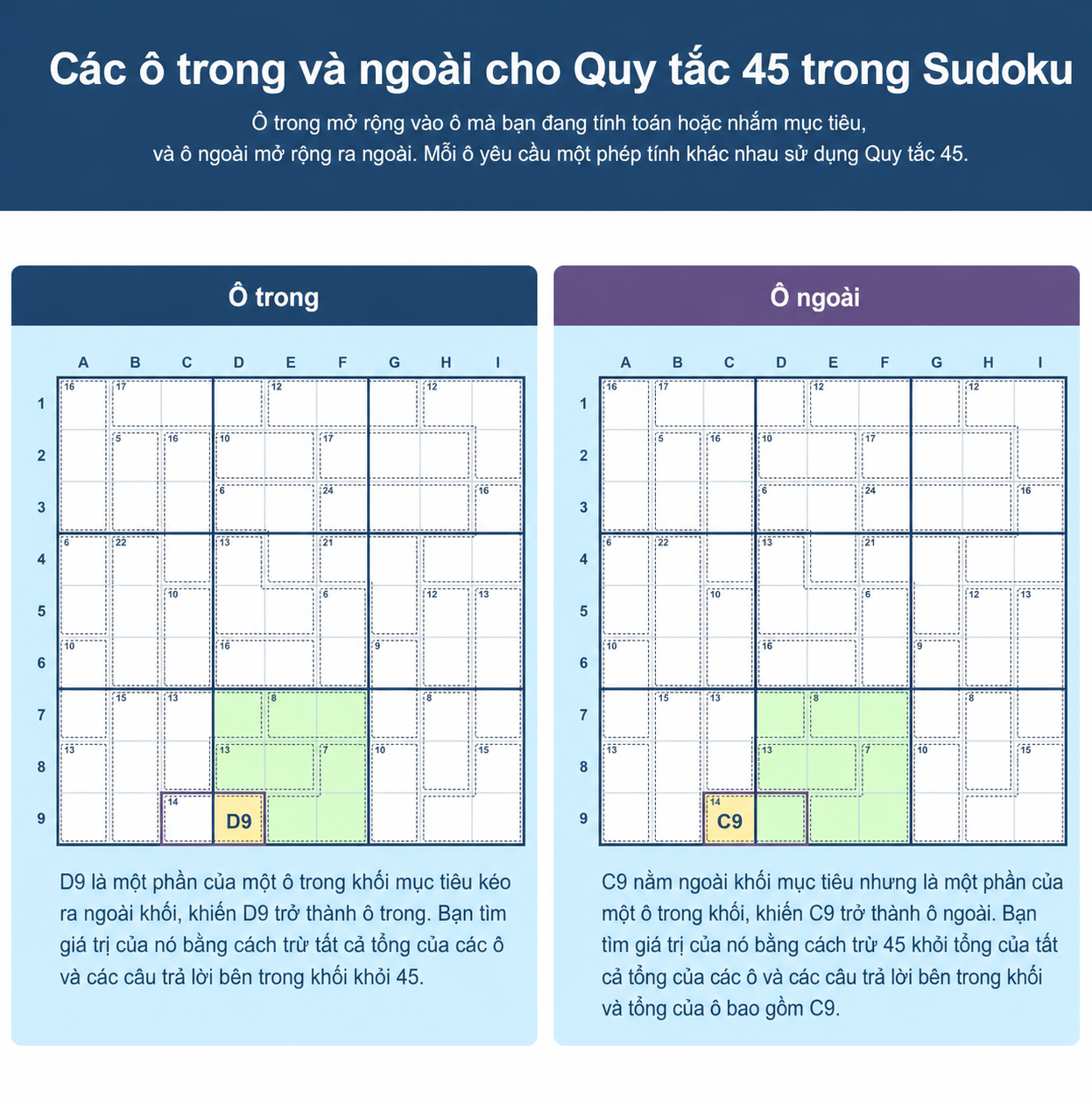 Các lưới Sudoku cho thấy sự khác nhau giữa ô vào và ô ra trong Quy tắc 45 cho Sudoku