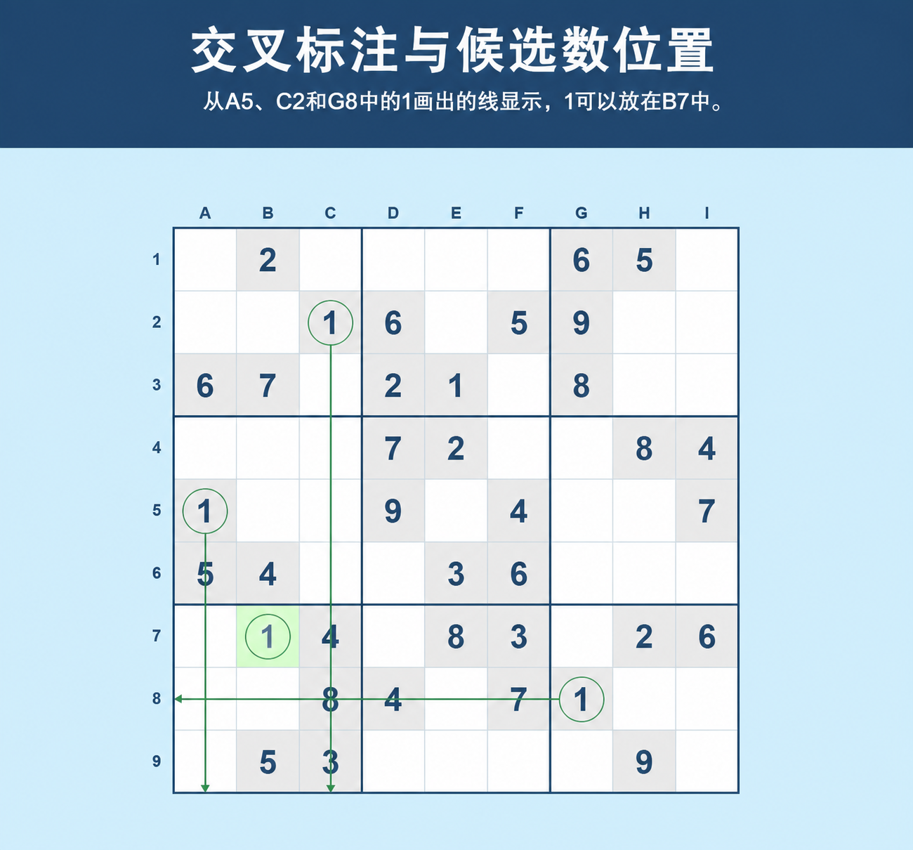 带有候选数放置的交叉排除法 Sudoku 示例