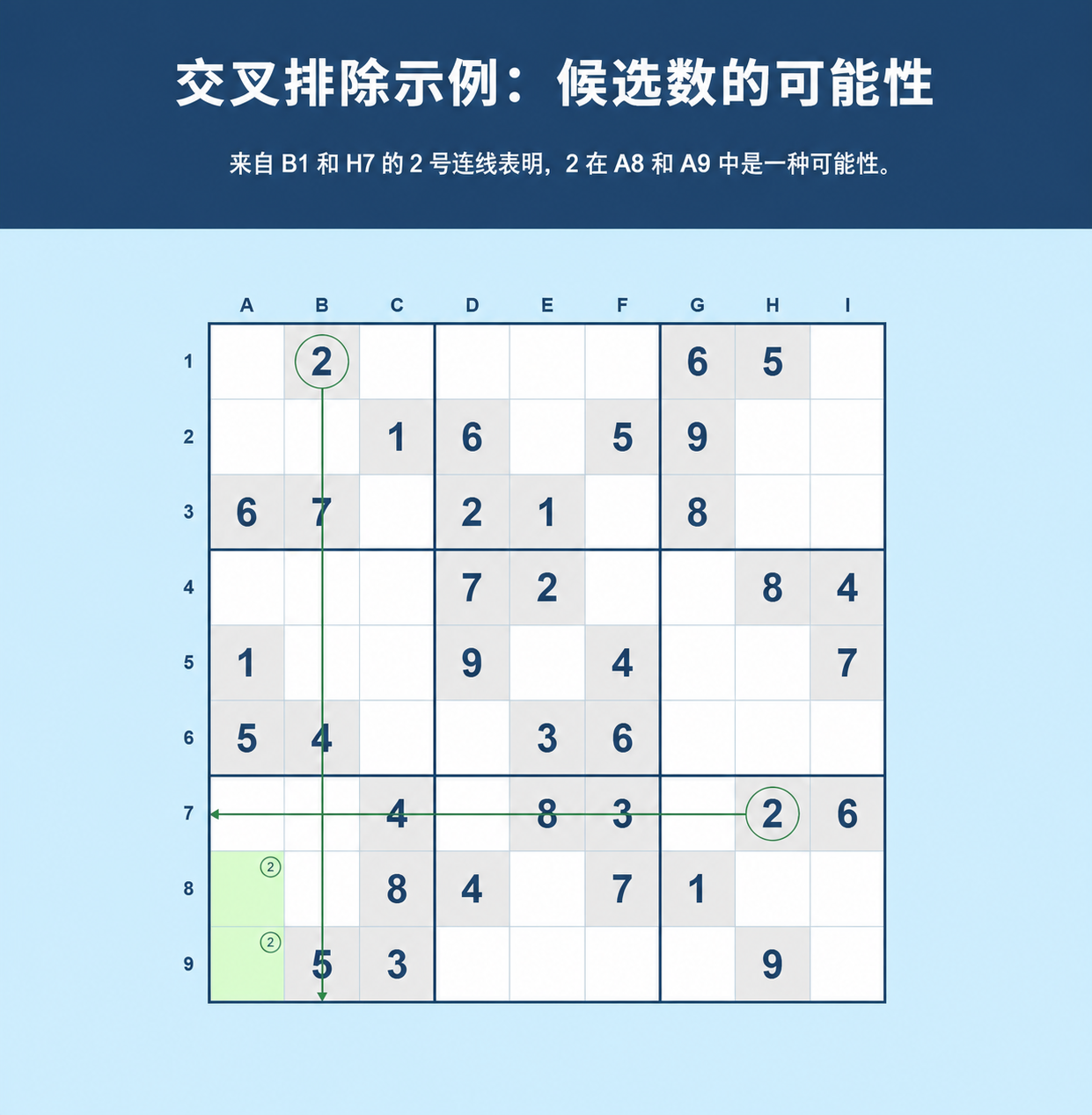 带有候选数可能性的交叉排除法 Sudoku 示例