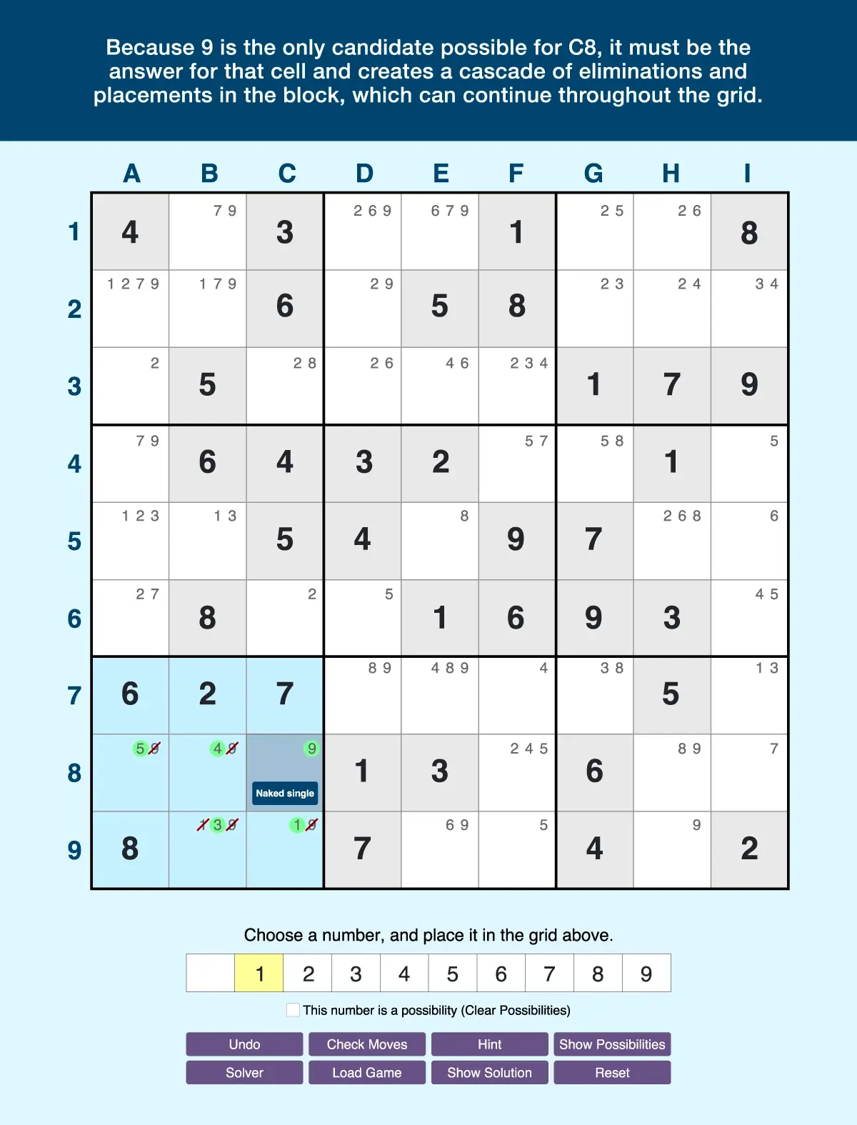 Example of naked singles in a block