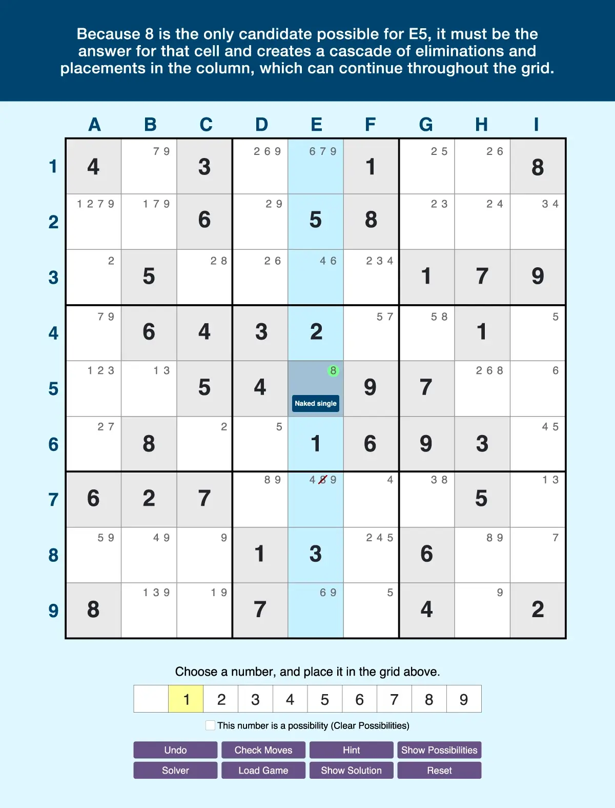 Example of naked singles in a column