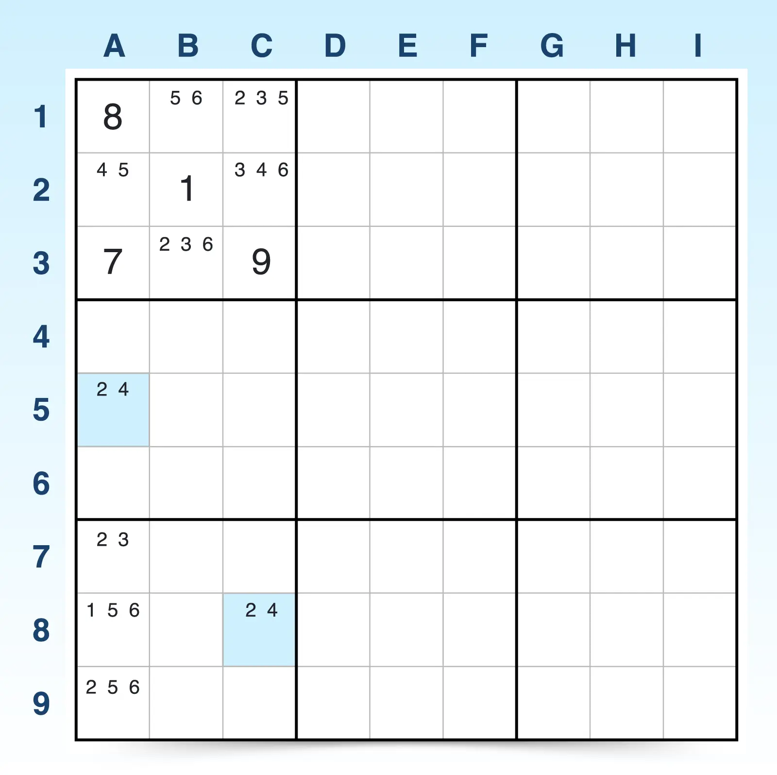 Sudoku W-Wing example 2 step 1
